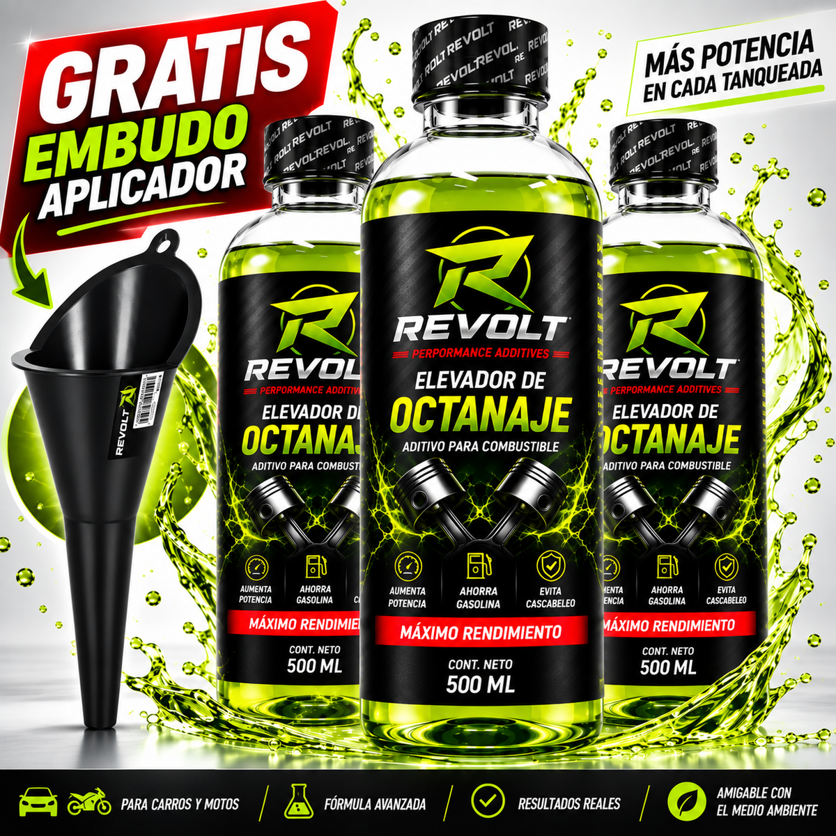 REVOLT® Aditivo Elevador de Octanaje 500 ml – Mayor Rendimiento para tu Motor X3 Unidades