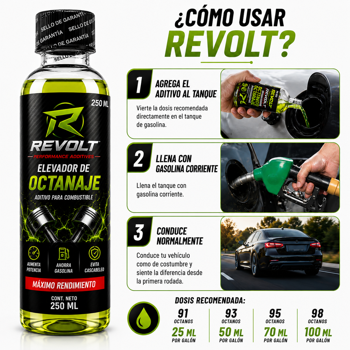 REVOLT® Aditivo Elevador de Octanaje 250 ml – Mayor Rendimiento para tu Motor X4 Unidades