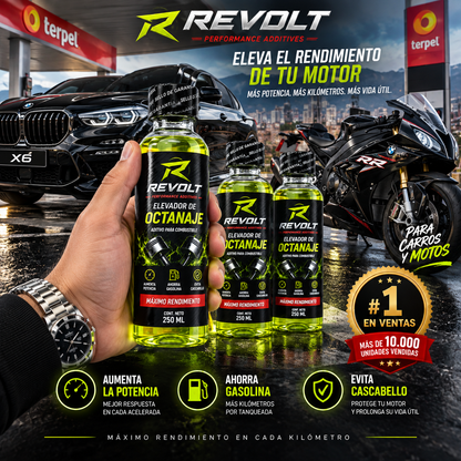 REVOLT® Aditivo Elevador de Octanaje 250 ml – Mayor Rendimiento para tu Motor X4 Unidades