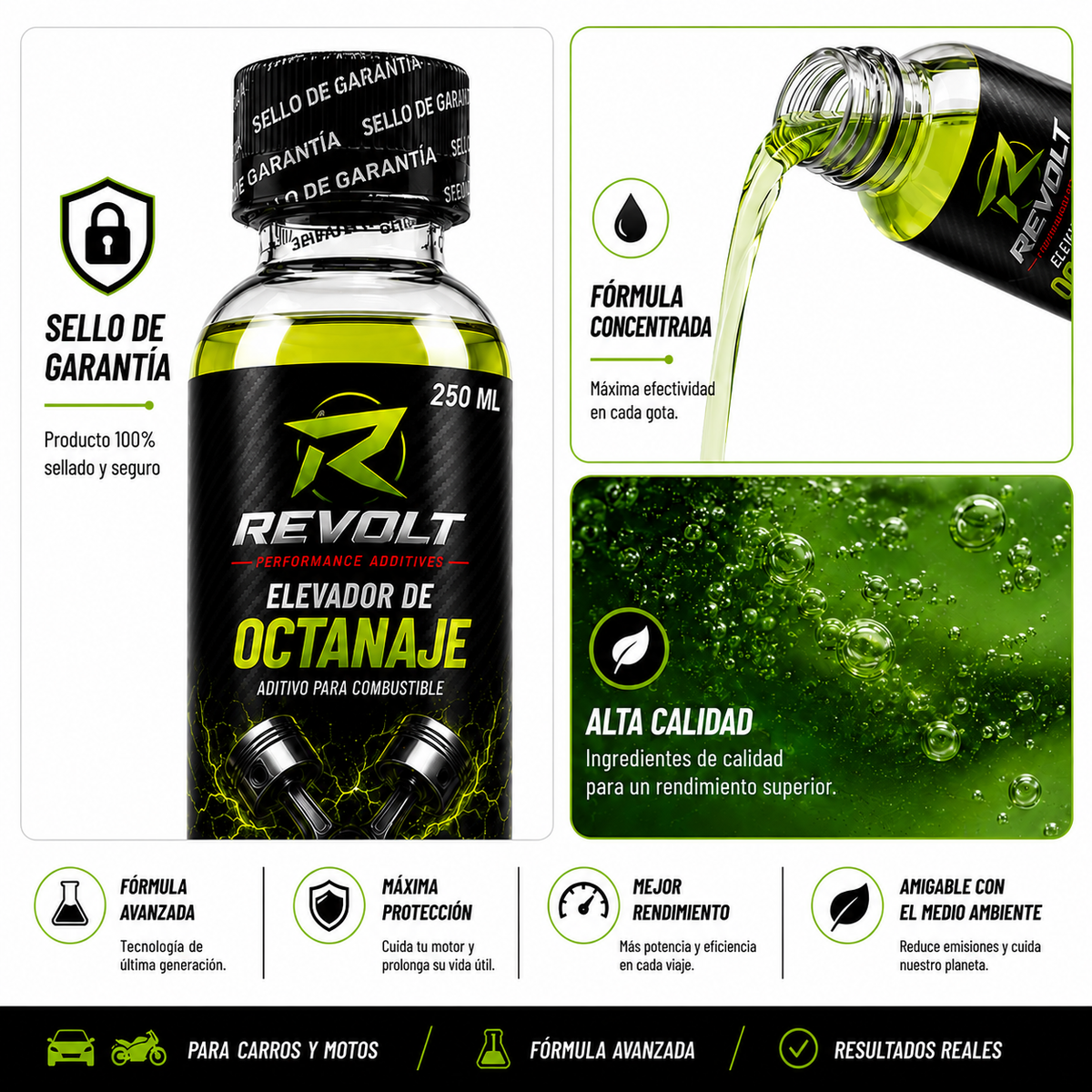 REVOLT® Aditivo Elevador de Octanaje 250 ml – Mayor Rendimiento para tu Motor X4 Unidades