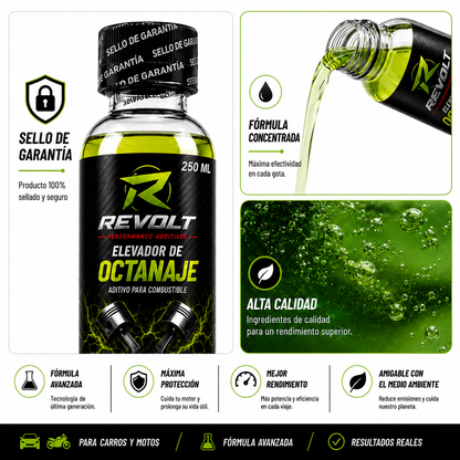 REVOLT® Aditivo Elevador de Octanaje 250 ml – Mayor Rendimiento para tu Motor X4 Unidades