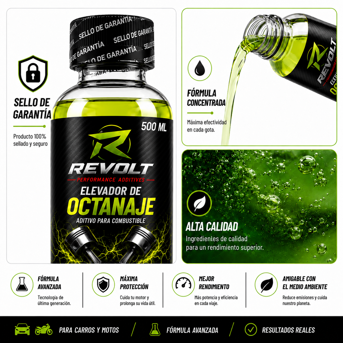REVOLT® Aditivo Elevador de Octanaje 500 ml – Mayor Rendimiento para tu Motor X3 Unidades